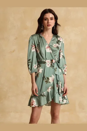 Kazo Floral Print Puff Sleeve Satin Mini Dress