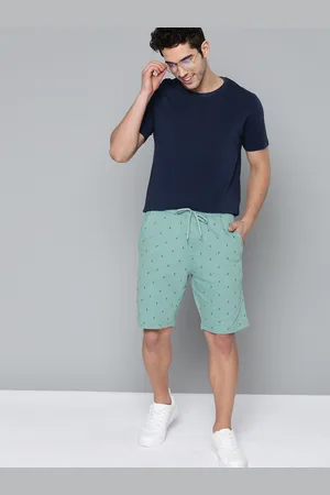 Mast & Harbour Men Green & Navy Blue Micro Anchor Print Regular Fit Cotton Knitted Shorts