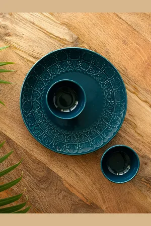 ExclusiveLane 3 Pieces Teal Green Textured Ceramic Glossy Dinner Plate & Katoris Set