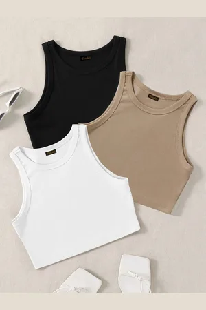 Kalini Women Pack Of 3 Lycra Round Neck Sleeveless Fitted Tank Crop Top