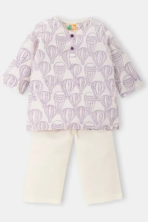 THE BABY LABEL Kids Purple Balloon Trip Hand-Block Print Pure Cotton Kurta Pajama Set