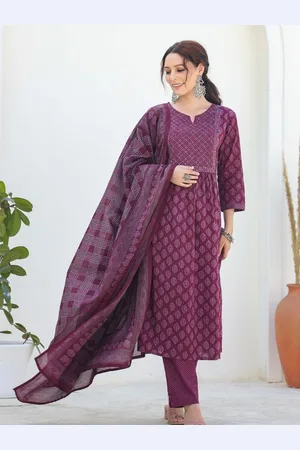 AUTUMN LANE Women Ethnic Motifs Printed Regular Sequinned Pure Cotton Kurta with Trousers & With Dupatta