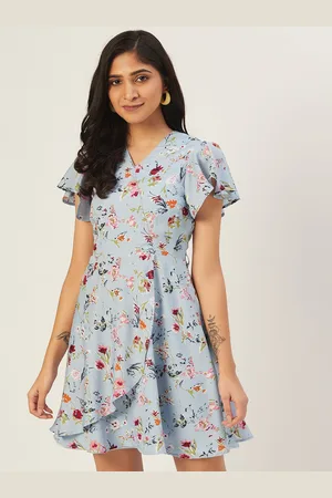DODO & MOA Women Blue & Pink Floral Printed Crepe A-Line Dress