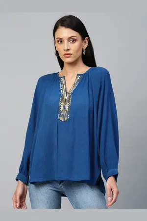 Chemistry Blue Crinkle Rayon Embroidered Tunic