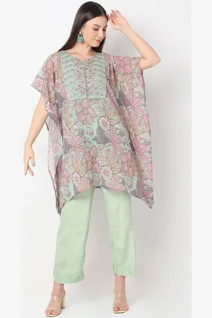 Ethnicity Floral Printed Thread Work Kaftan Kurta with Trousers and Camisole