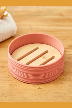 Home Centre Pink & Beige Striped Bamboo Soap Dish