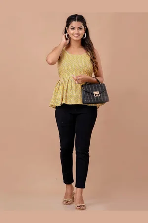 LIVING ROOTS Floral Block Printed Shoulder Straps Gathered or Pleated Cotton Peplum Top