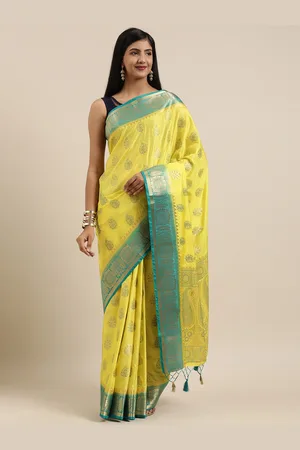 Mimosa Yellow & Teal Blue Art Silk Woven Design Kanjeevaram Saree