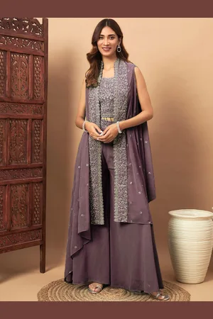 Chhabra 555 Embellished Round Neck Top With Palazzos And Jackets