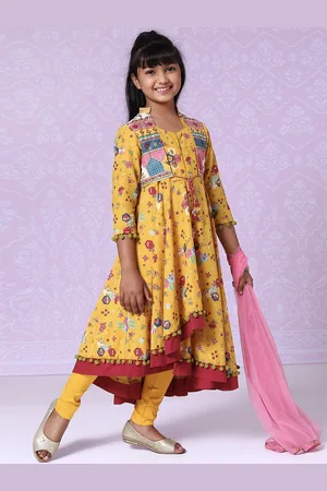 Biba Girls Ethnic Motifs Printed Pure Cotton Kurta Set With Dupatta And Mask