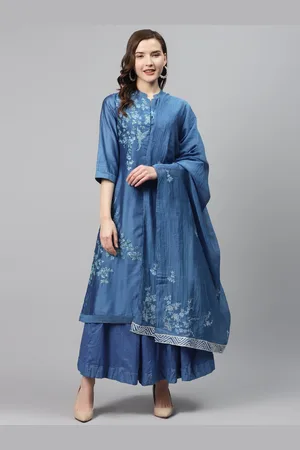 Biba Women Blue Embroidered Kurta with Skirt & Dupatta