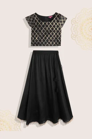 Biba Girls Black & Gold-Toned Ethnic Printed Ready to Wear Lehenga & Blouse