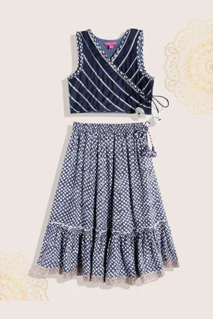 Biba Girls Navy Blue & White Printed Ready to Wear Lehenga & Choli