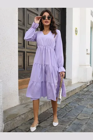 DressBerry Purple V-Neck Bishop Sleeves Party A-Line Midi Dress