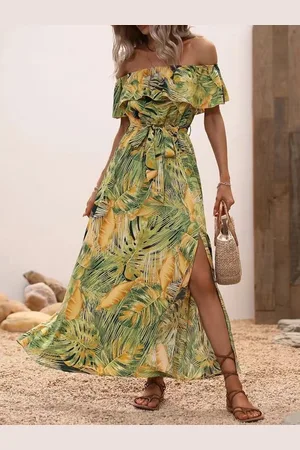 HERE&NOW Tropical Print Off-Shoulder Maxi Dress
