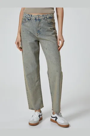 Koton Women Mid-Rise Straight Fit Heavy Fade Embellished Cotton Jeans