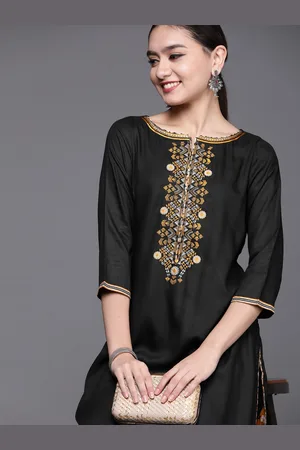 Biba Women Black Solid Kurta With Thread Work