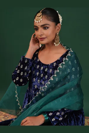 anayna Women Embroidered Empire Velvet Kurta with Trousers & With Dupatta