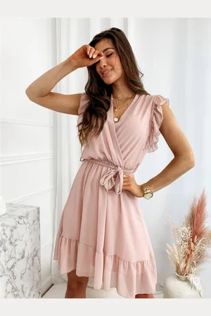 DressBerry Pink V Neck Short Sleeves Fit & Flare Dress