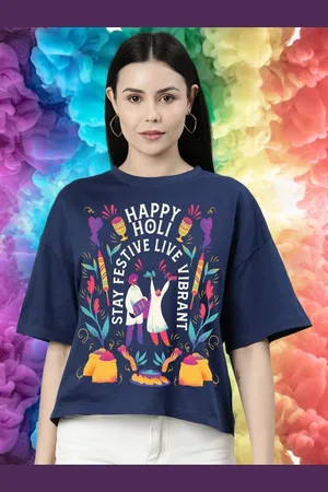 Huetrap Women Printed Drop-Shoulder Sleeves Raw Edge T-shirt