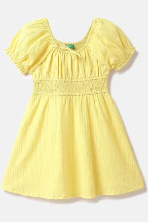 Benetton Girls Tie-up Neck Puff Sleeves Cotton Dress