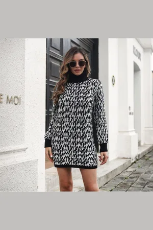 DressBerry Black Abstract Printed Turtle Neck Acrylic Mini Sweater Dress