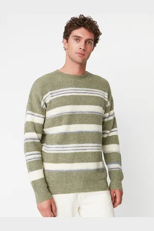 Trendyol Men Green & Off White Striped Pullover