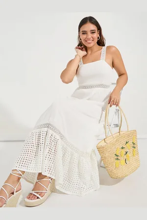 Styli Square Neck Tiered Lace Detail Fit & Flare Midi Dress