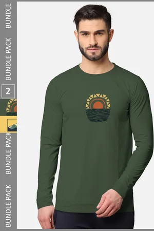 bullmer Men Olive Green & Yellow Pack of 2 Printed Cotton T-shirt