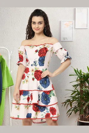 Moda Rapido Floral Print Off-Shoulder Applique Fit & Flare Dress