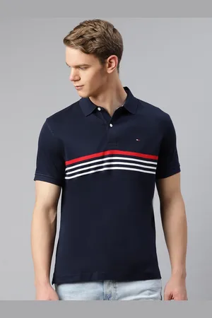 Tommy Hilfiger Men Navy Blue Cotton Custom Fit Striped Polo Collar Pure Cotton T-shirt
