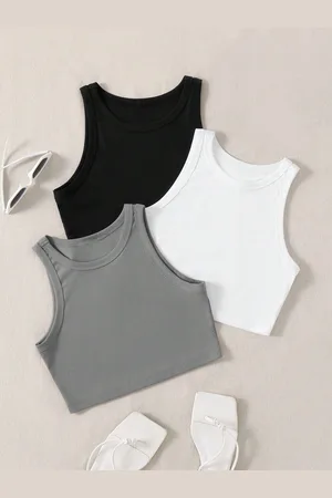 KERI PERRY Women Pack Of 3 Soft Lycra Tank Crop Top