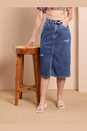 Mast & Harbour Women Lightly Distressed Slim Fit Mid-Rise 100% Cotton Denim Skirt