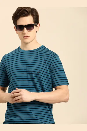 Nautica Men Blue & Black Striped Round-Neck Pure Cotton Casual T-shirt