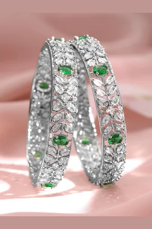 Rubans Set of 2 Rhodium-Plated Emerald Green Gemstone & Cubic Zirconia Studded Bangles