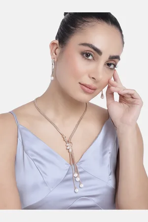ESTELE Rose Gold Plated Trendy Tassel Necklace Set with Crystals & Pearls for Women