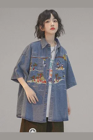 DressBerry Women Tropical Embroidered Cotton Shirt Style Top