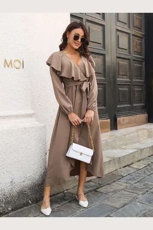 DressBerry Self Design Ruffled V Neck Long Sleeves A-Line Midi Dress