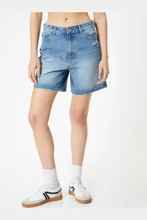Koton Women Washed High-Rise Distressed Pure Cotton Denim Shorts