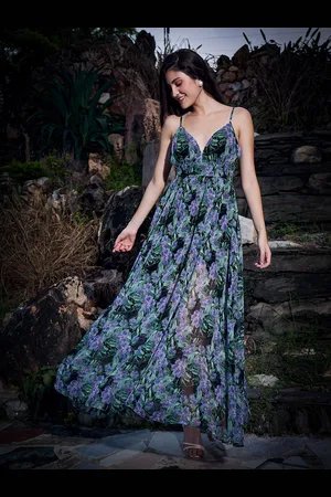 Berrylush Tropical Print Georgette Fit & Flare Maxi Dress
