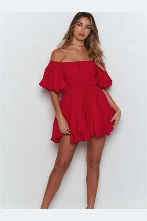 DressBerry Red Off-Shoulder Flutter Sleeve Opaque Fit & Flare Casual Dress