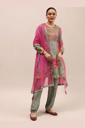 KALKI Fashion Floral Printed A-Line Thread Work Kurta with Salwar & Dupatta