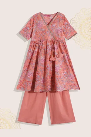 Biba Girls Peach-Coloured Floral Printed Angrakha Pure Cotton Kurta with Trousers