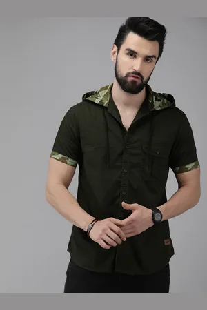 Roadster The Life Co. Men Olive Green Solid Pure Cotton Hooded Casual Shirt