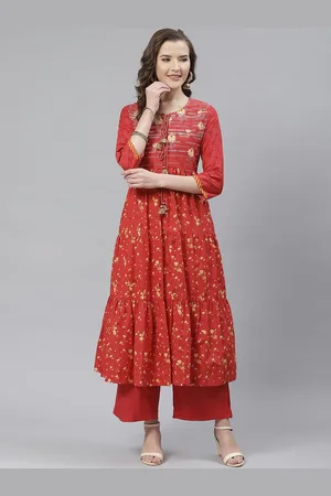 Biba Women Red & Yellow Printed A-Line Tiered Kurta