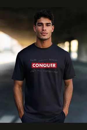 Bewakoof Men Navy Blue Conquer Printed Round Neck Pure Cotton T-shirt