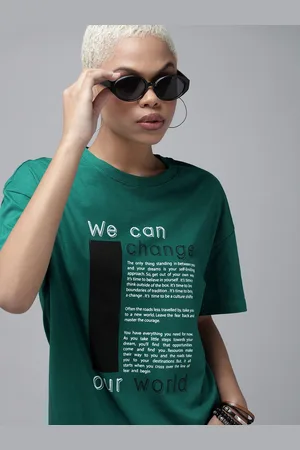 Roadster The Lifestyle Co Women Green & White Typography Printed Drop-Shoulder Sleeves Pure Cotton T-shirt