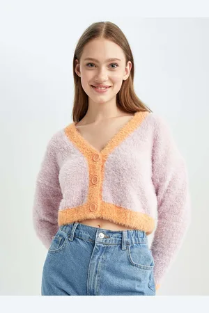 DeFacto Women Pink & Orange Colourblocked Crop Cardigan