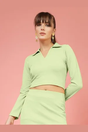 DressBerry Women Shirt Collar Ribbed Fitted Crop Top