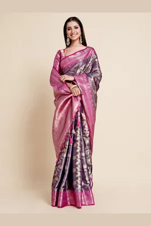 Mimosa Navy Blue & Pink Floral Zari Art Silk Kanjeevaram Saree